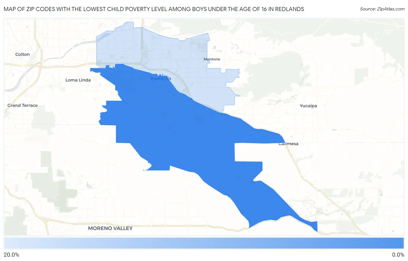 Zip Codes with the Lowest Child Poverty Level Among Boys Under the Age of 16 in Redlands Map