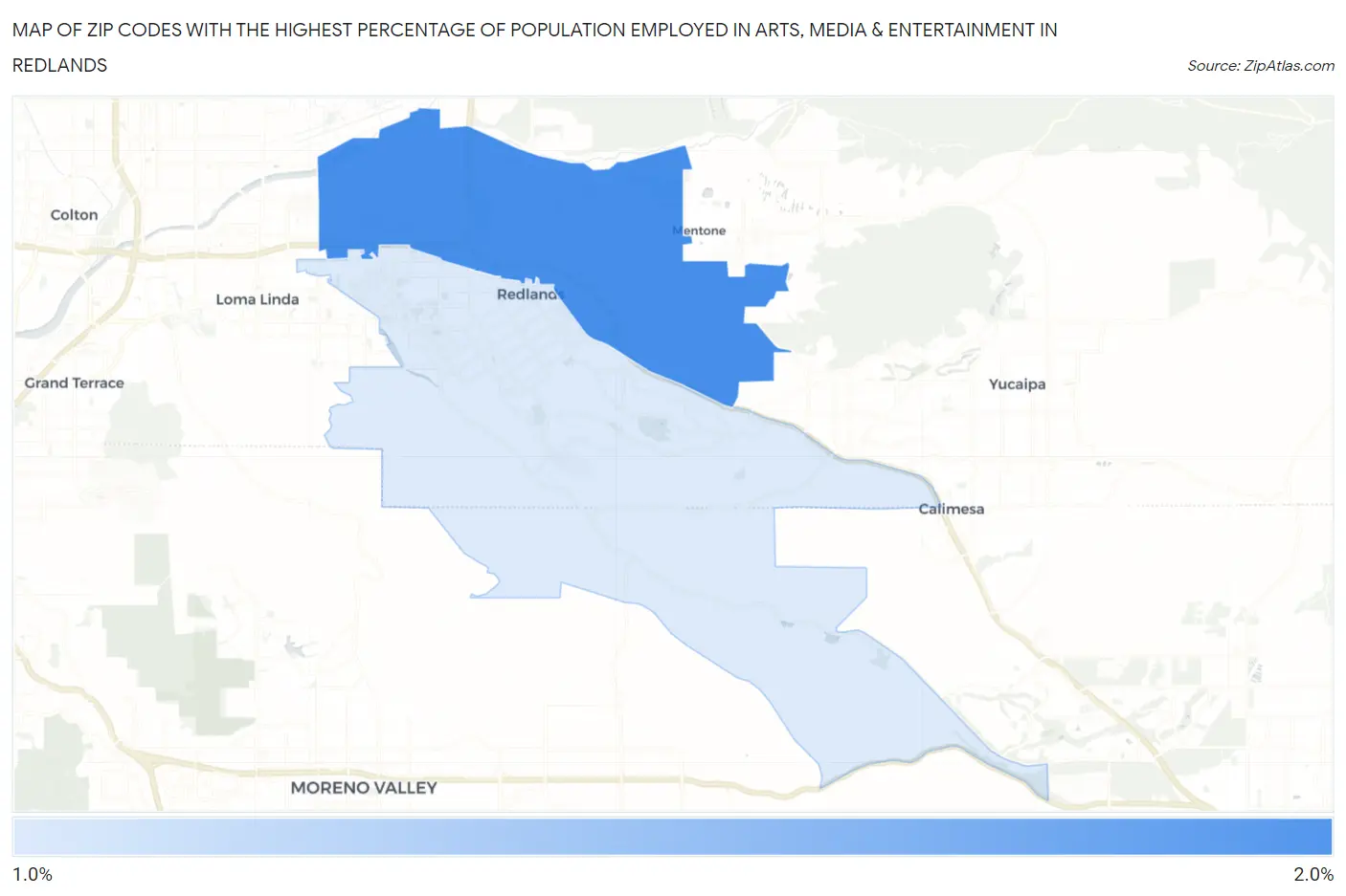 Zip Codes with the Highest Percentage of Population Employed in Arts, Media & Entertainment in Redlands Map