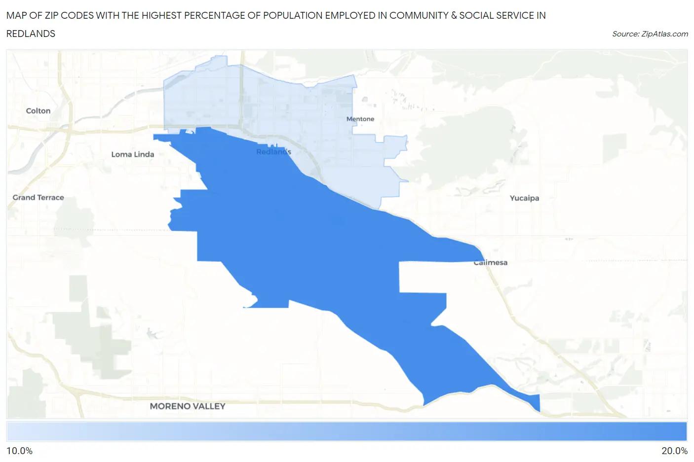 Zip Codes with the Highest Percentage of Population Employed in Community & Social Service  in Redlands Map