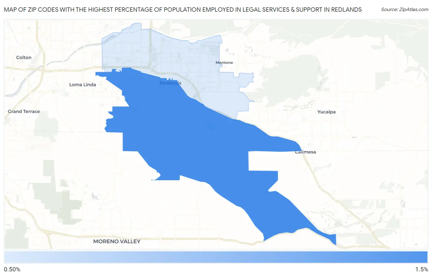 Zip Codes with the Highest Percentage of Population Employed in Legal Services & Support in Redlands Map