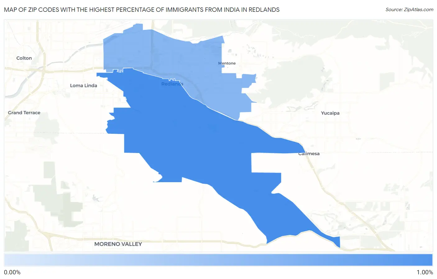 Zip Codes with the Highest Percentage of Immigrants from India in Redlands Map