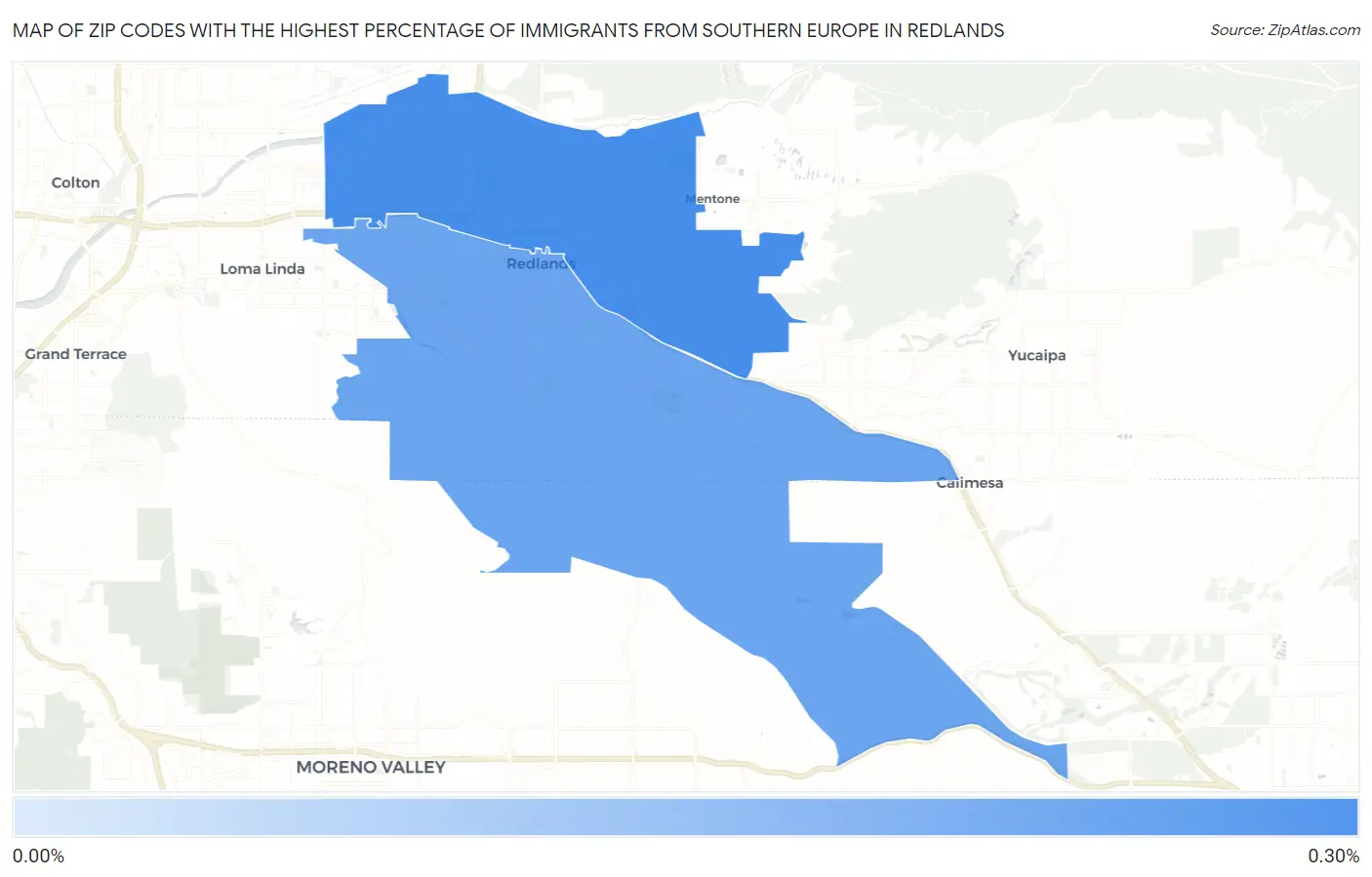 Zip Codes with the Highest Percentage of Immigrants from Southern Europe in Redlands Map