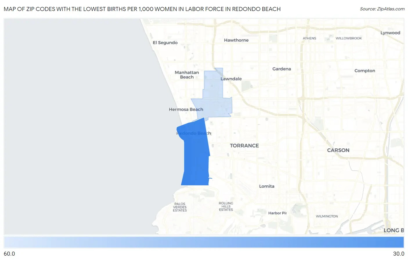 Zip Codes with the Lowest Births per 1,000 Women in Labor Force in Redondo Beach Map