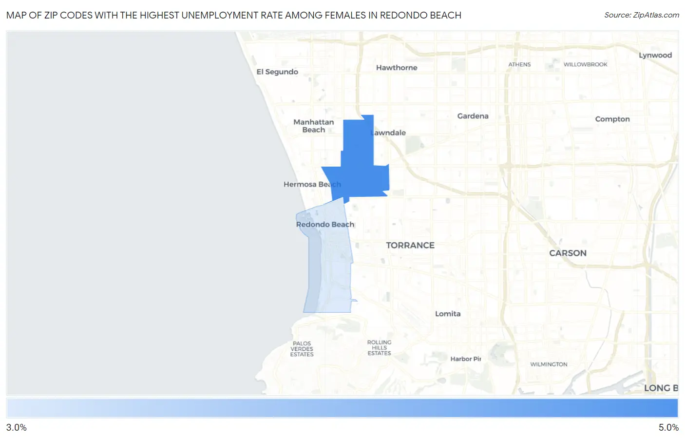 Zip Codes with the Highest Unemployment Rate Among Females in Redondo Beach Map