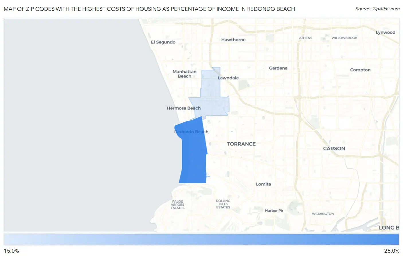 Zip Codes with the Highest Costs of Housing as Percentage of Income in Redondo Beach Map
