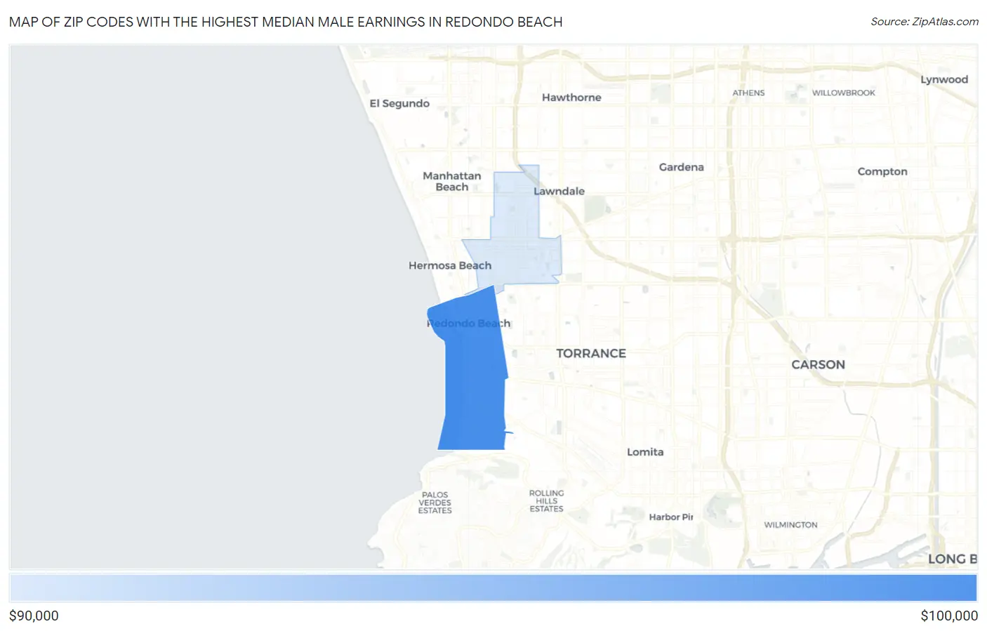 Zip Codes with the Highest Median Male Earnings in Redondo Beach Map