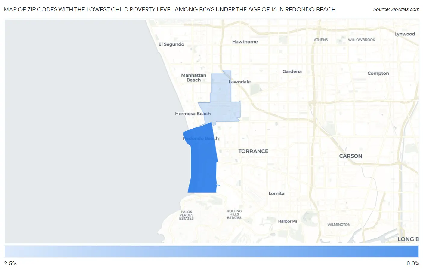 Zip Codes with the Lowest Child Poverty Level Among Boys Under the Age of 16 in Redondo Beach Map