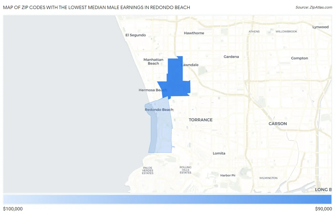 Zip Codes with the Lowest Median Male Earnings in Redondo Beach Map