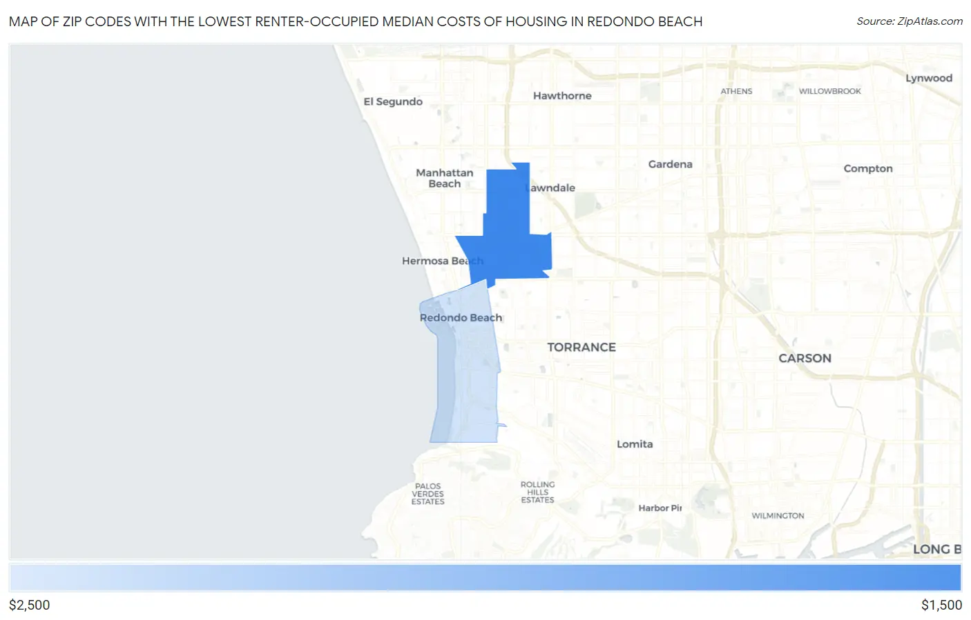 Zip Codes with the Lowest Renter-Occupied Median Costs of Housing in Redondo Beach Map