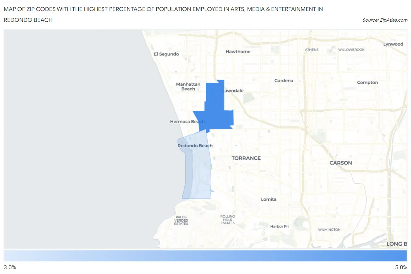 Zip Codes with the Highest Percentage of Population Employed in Arts, Media & Entertainment in Redondo Beach Map