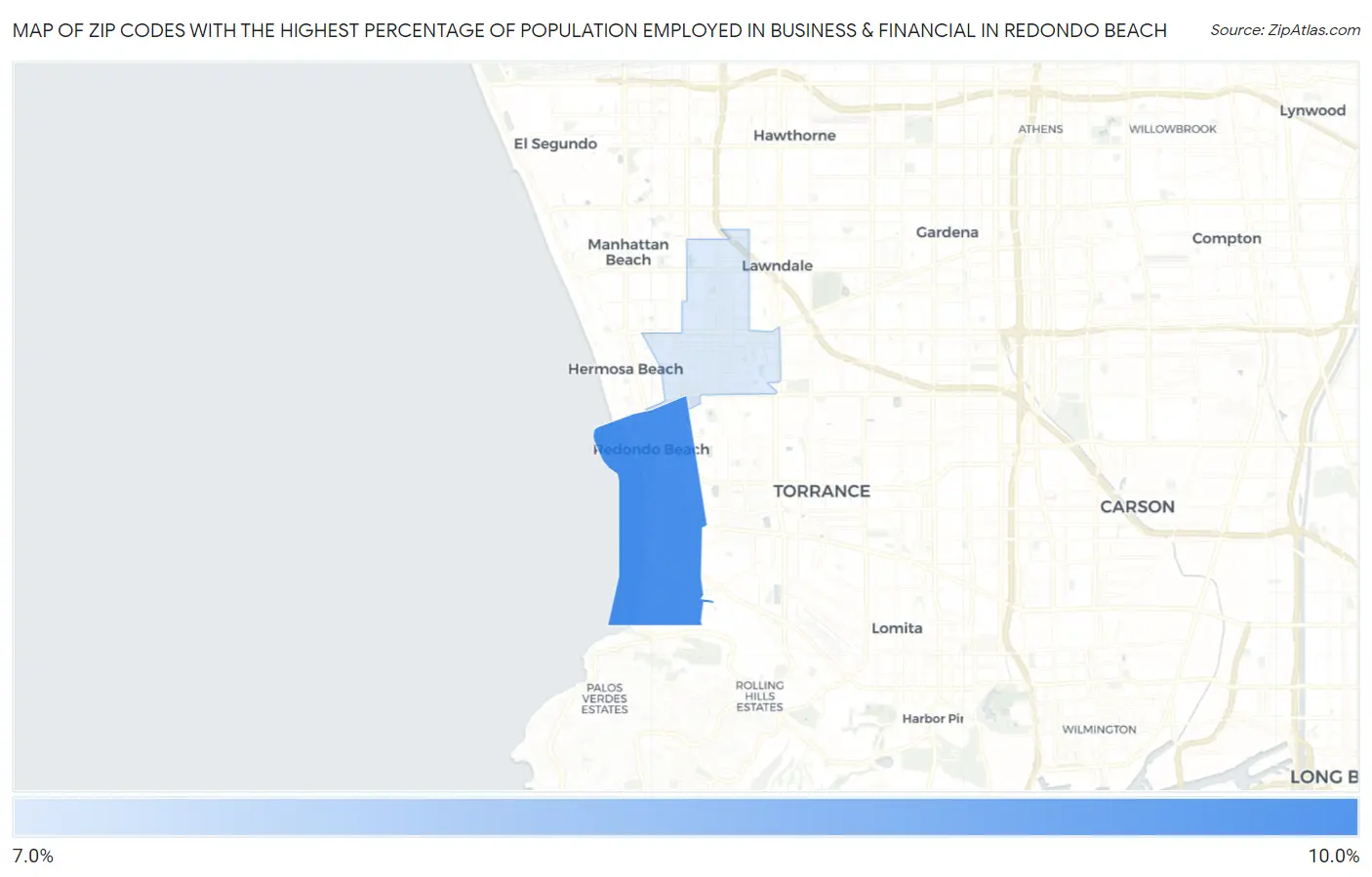 Zip Codes with the Highest Percentage of Population Employed in Business & Financial in Redondo Beach Map