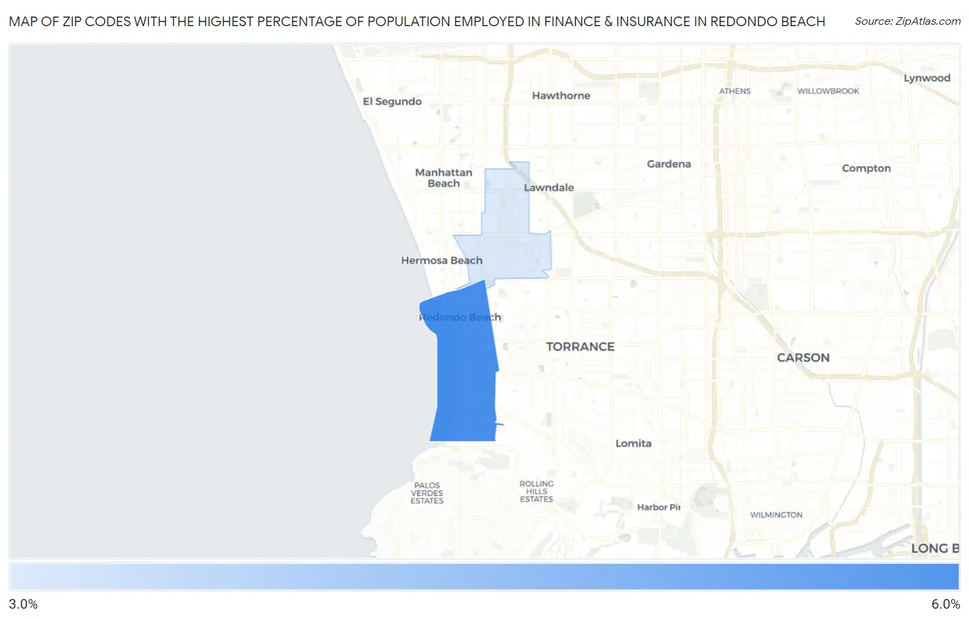 Zip Codes with the Highest Percentage of Population Employed in Finance & Insurance in Redondo Beach Map