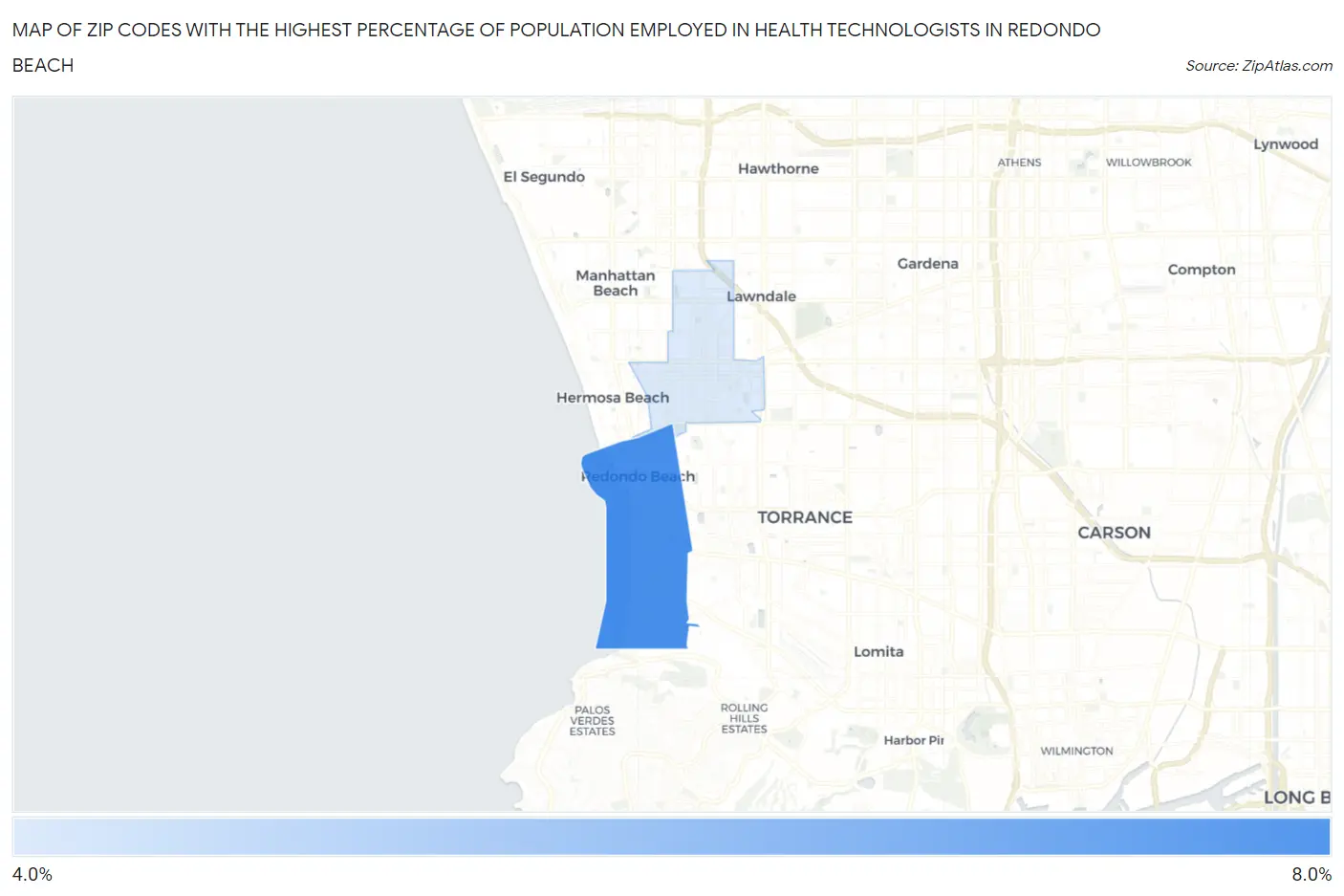 Zip Codes with the Highest Percentage of Population Employed in Health Technologists in Redondo Beach Map