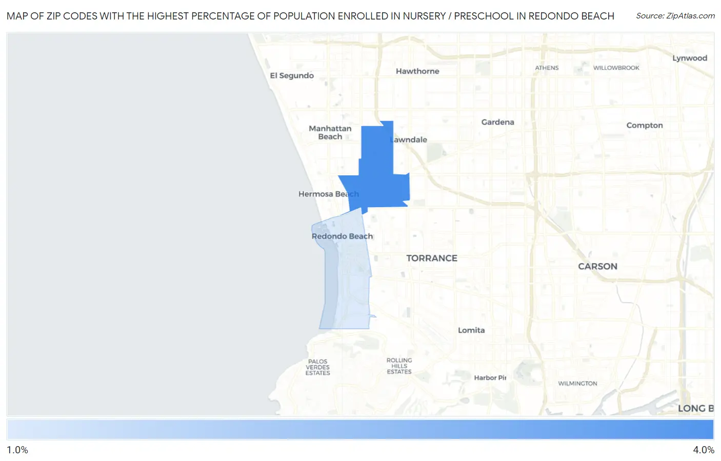 Zip Codes with the Highest Percentage of Population Enrolled in Nursery / Preschool in Redondo Beach Map