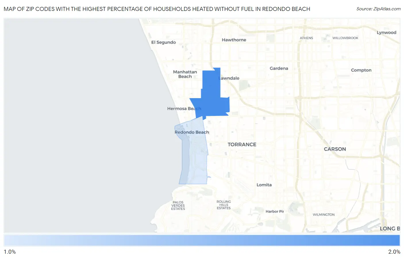 Zip Codes with the Highest Percentage of Households Heated without Fuel in Redondo Beach Map