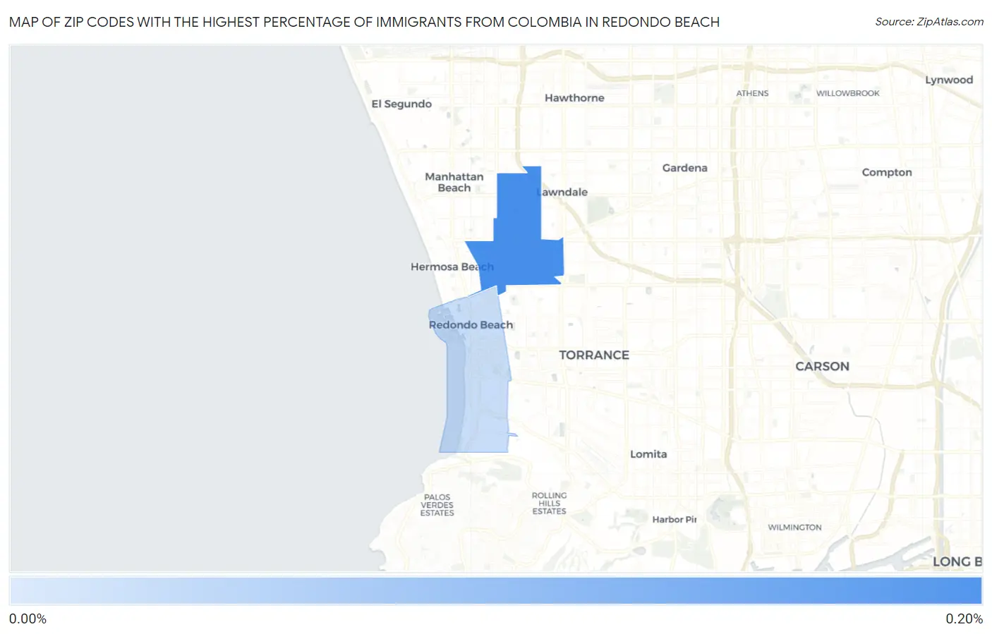 Zip Codes with the Highest Percentage of Immigrants from Colombia in Redondo Beach Map