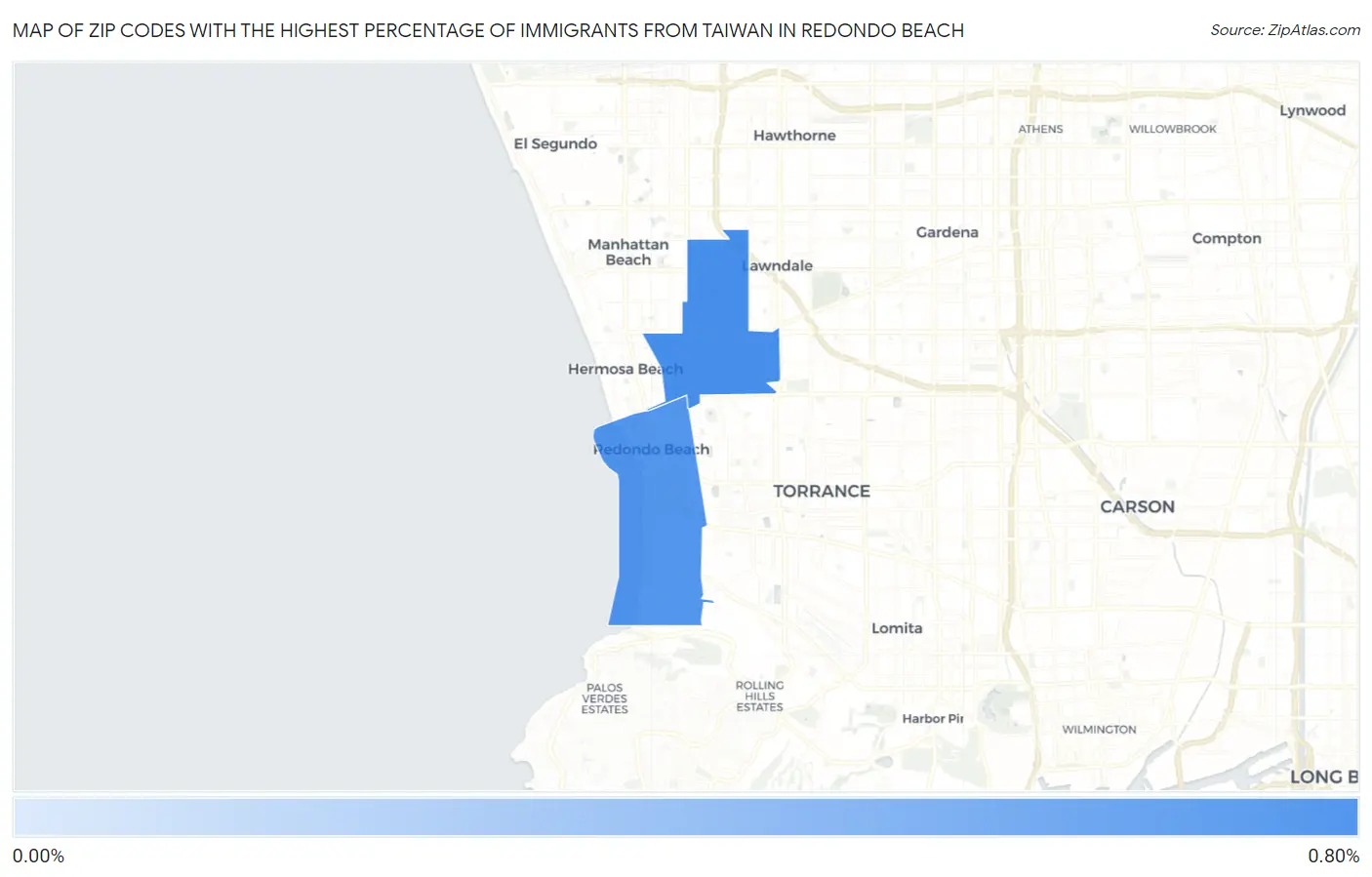 Zip Codes with the Highest Percentage of Immigrants from Taiwan in Redondo Beach Map