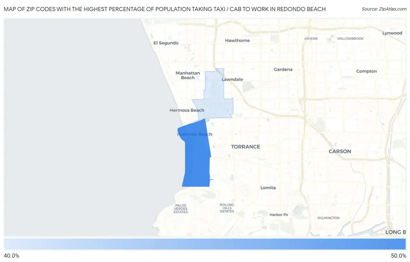 Zip Codes with the Highest Percentage of Population Taking Taxi / Cab to Work in Redondo Beach Map
