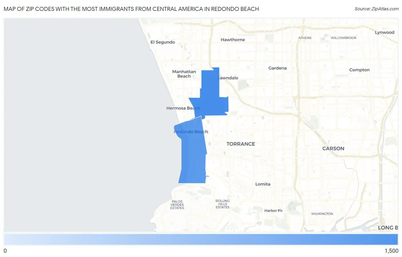 Zip Codes with the Most Immigrants from Central America in Redondo Beach Map