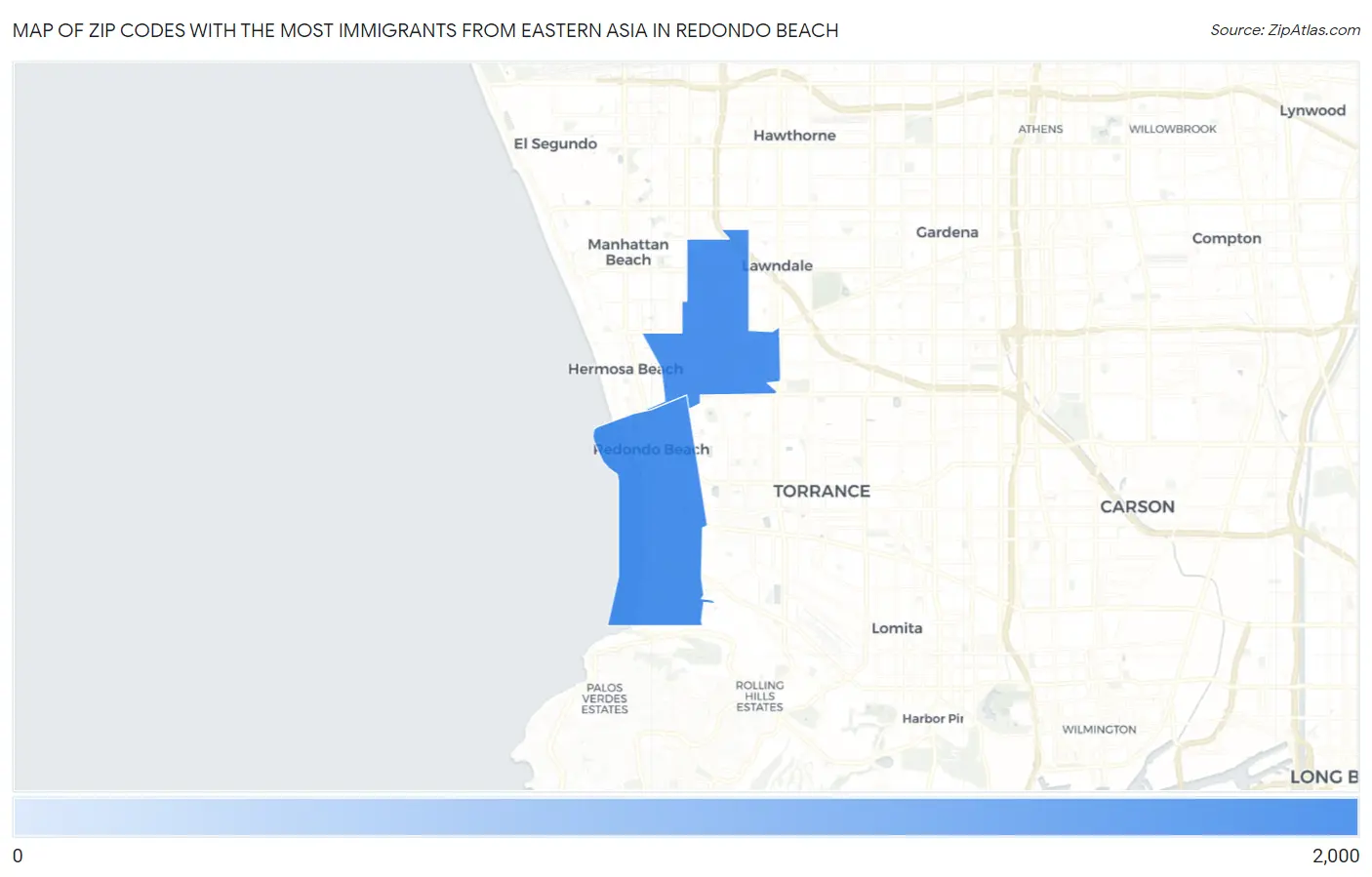 Zip Codes with the Most Immigrants from Eastern Asia in Redondo Beach Map