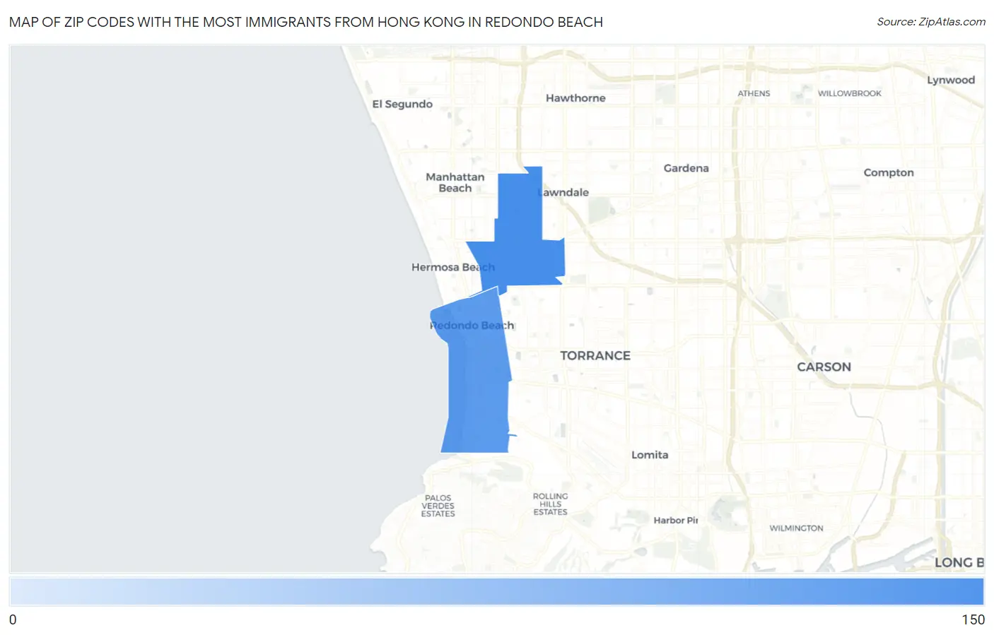Zip Codes with the Most Immigrants from Hong Kong in Redondo Beach Map