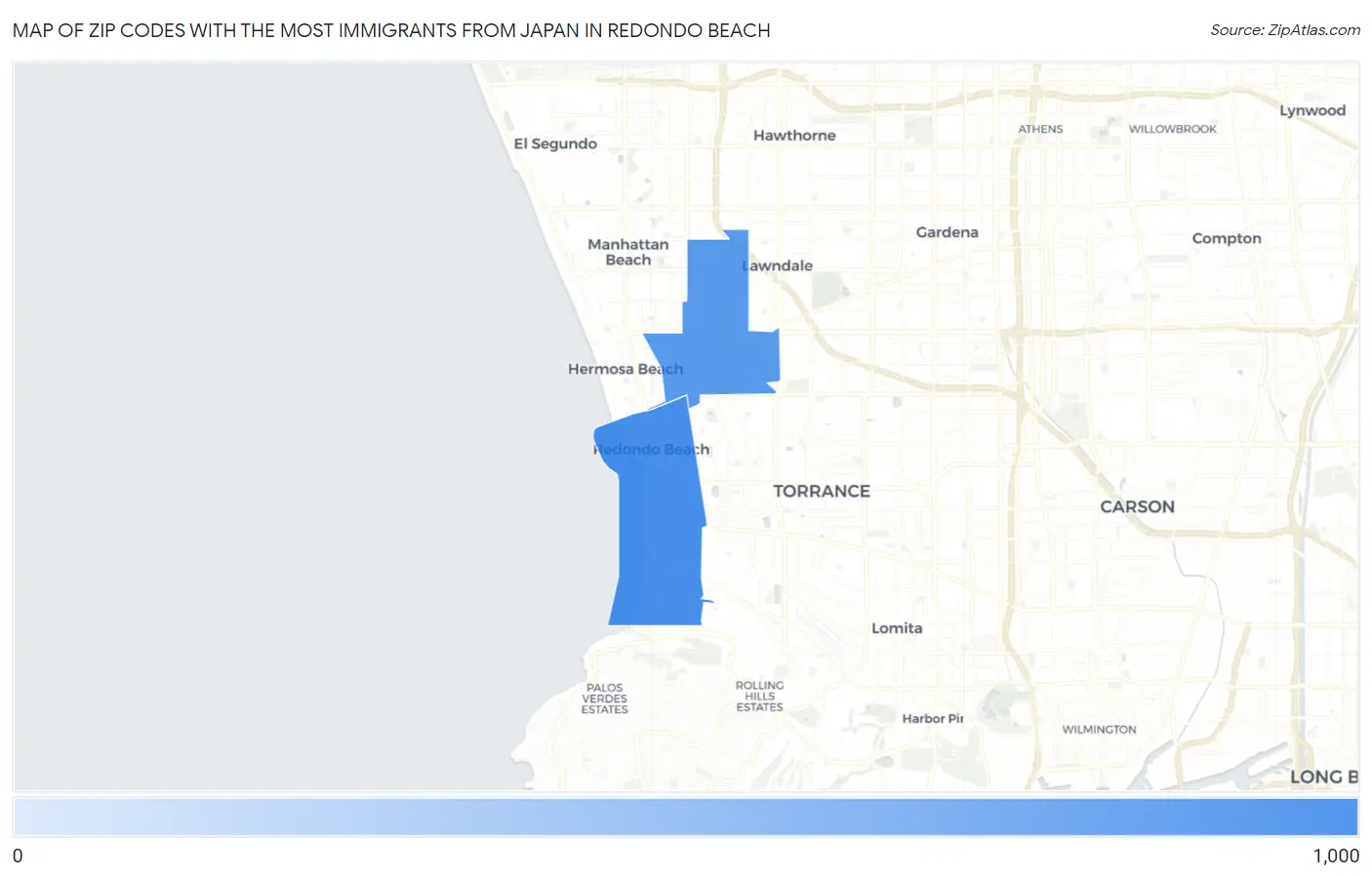 Zip Codes with the Most Immigrants from Japan in Redondo Beach Map