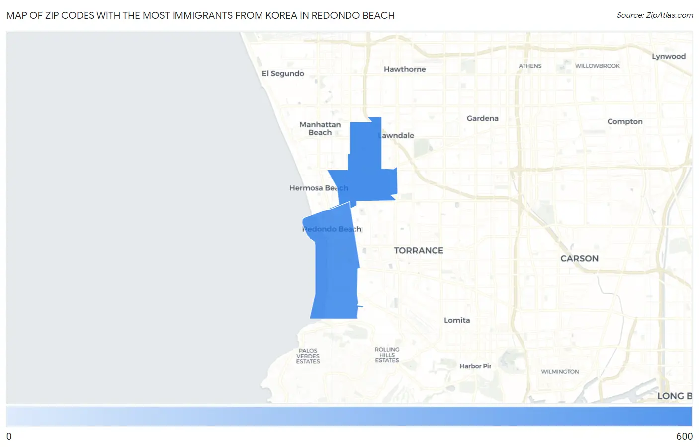 Zip Codes with the Most Immigrants from Korea in Redondo Beach Map