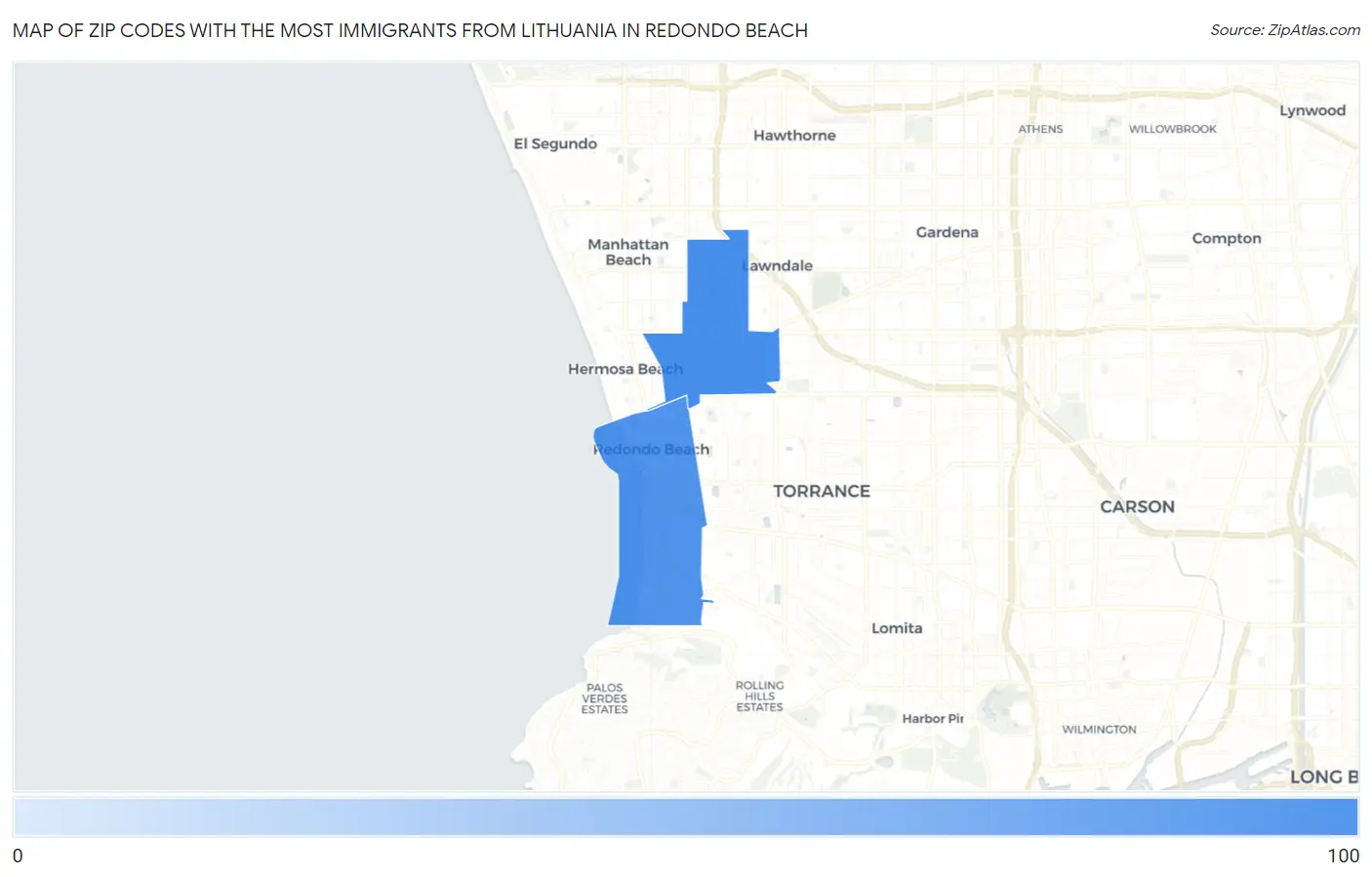 Zip Codes with the Most Immigrants from Lithuania in Redondo Beach Map