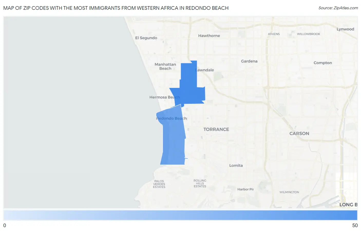 Zip Codes with the Most Immigrants from Western Africa in Redondo Beach Map