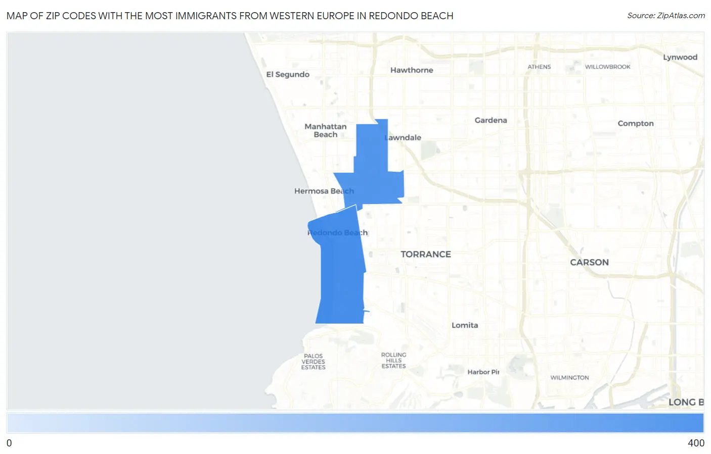 Zip Codes with the Most Immigrants from Western Europe in Redondo Beach Map