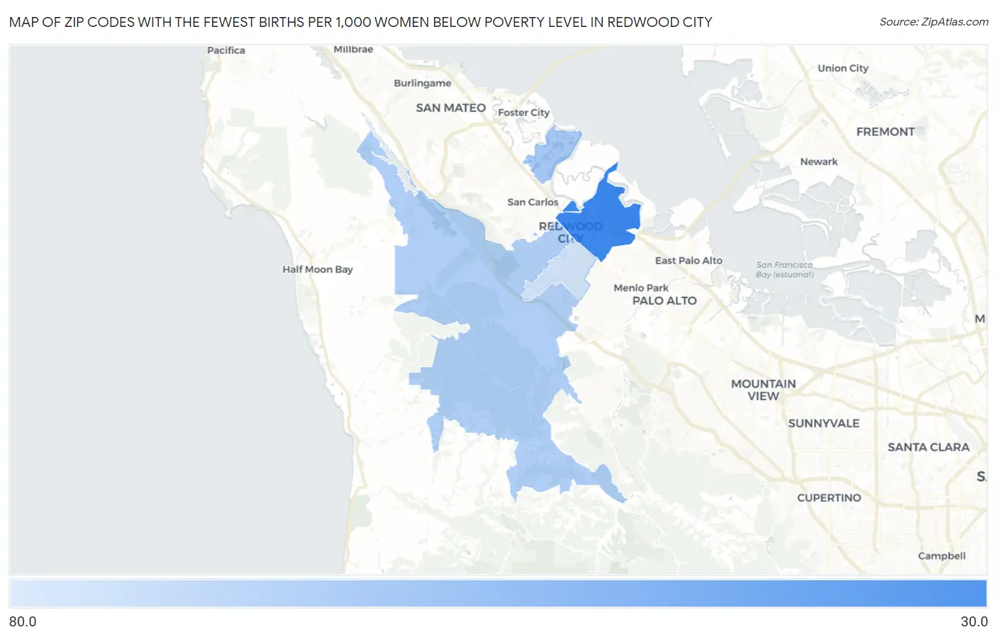 Zip Codes with the Fewest Births per 1,000 Women Below Poverty Level in Redwood City Map