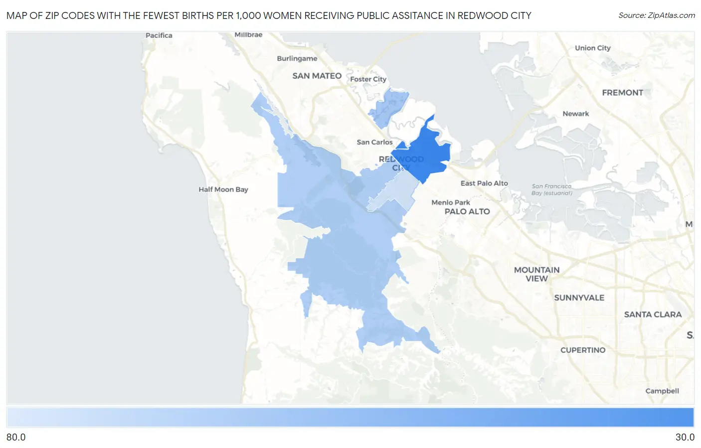 Zip Codes with the Fewest Births per 1,000 Women Receiving Public Assitance in Redwood City Map