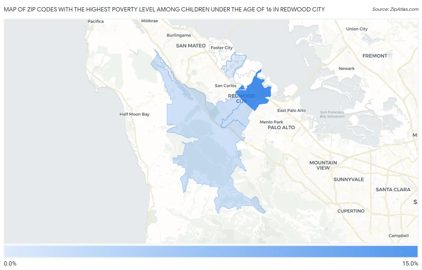 Zip Codes with the Highest Poverty Level Among Children Under the Age of 16 in Redwood City Map