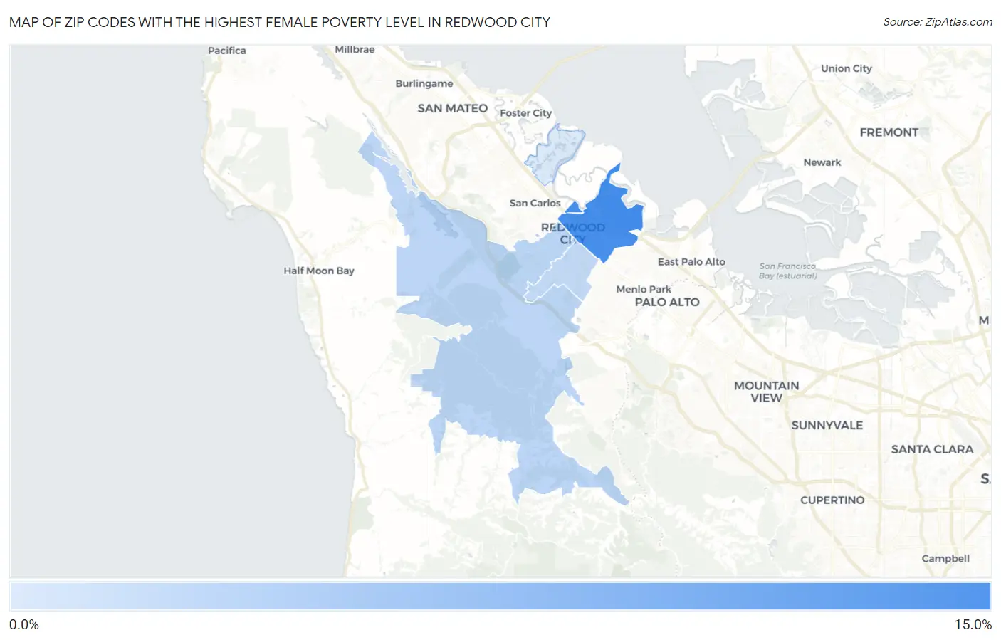 Zip Codes with the Highest Female Poverty Level in Redwood City Map