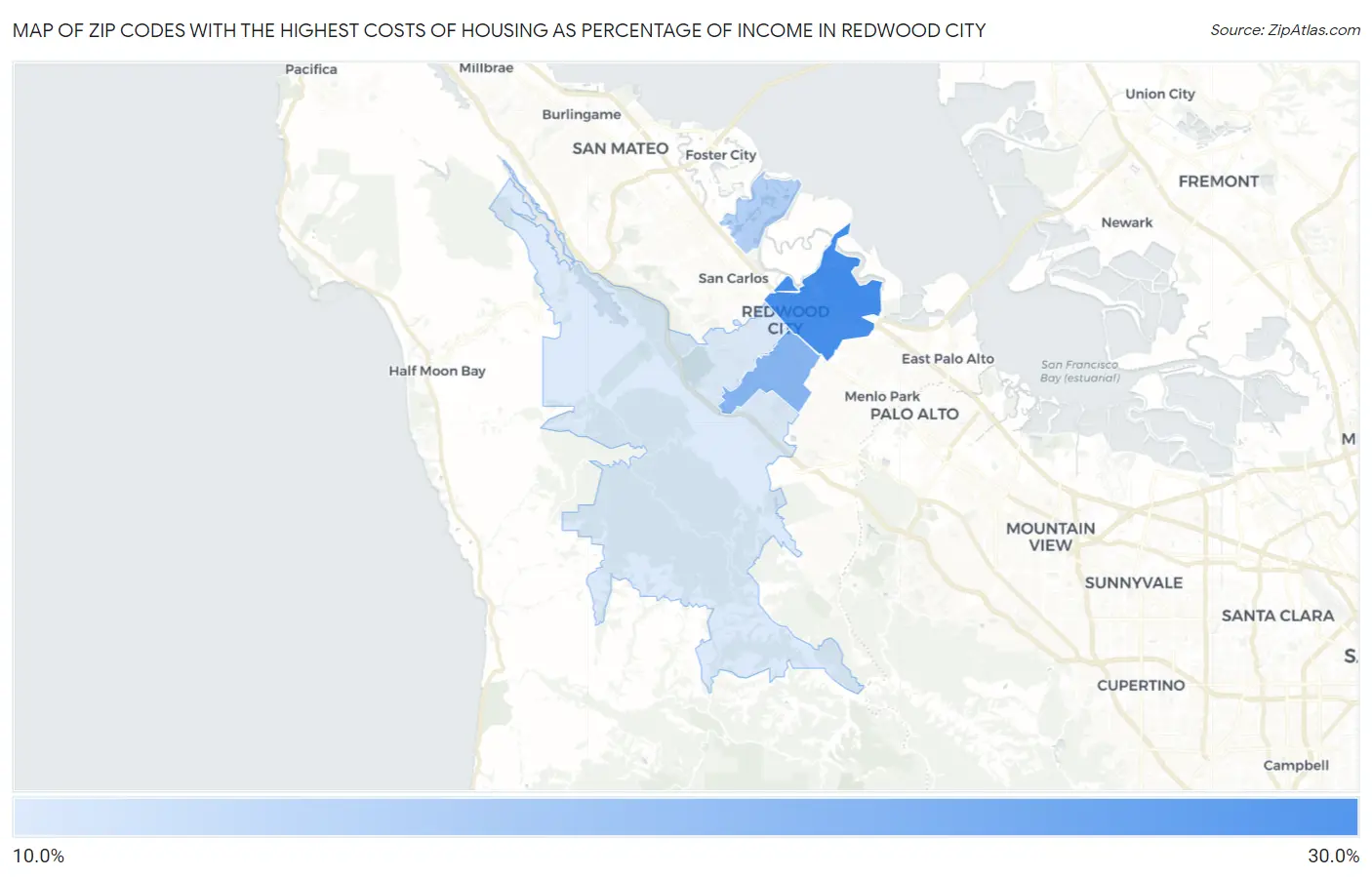 Zip Codes with the Highest Costs of Housing as Percentage of Income in Redwood City Map