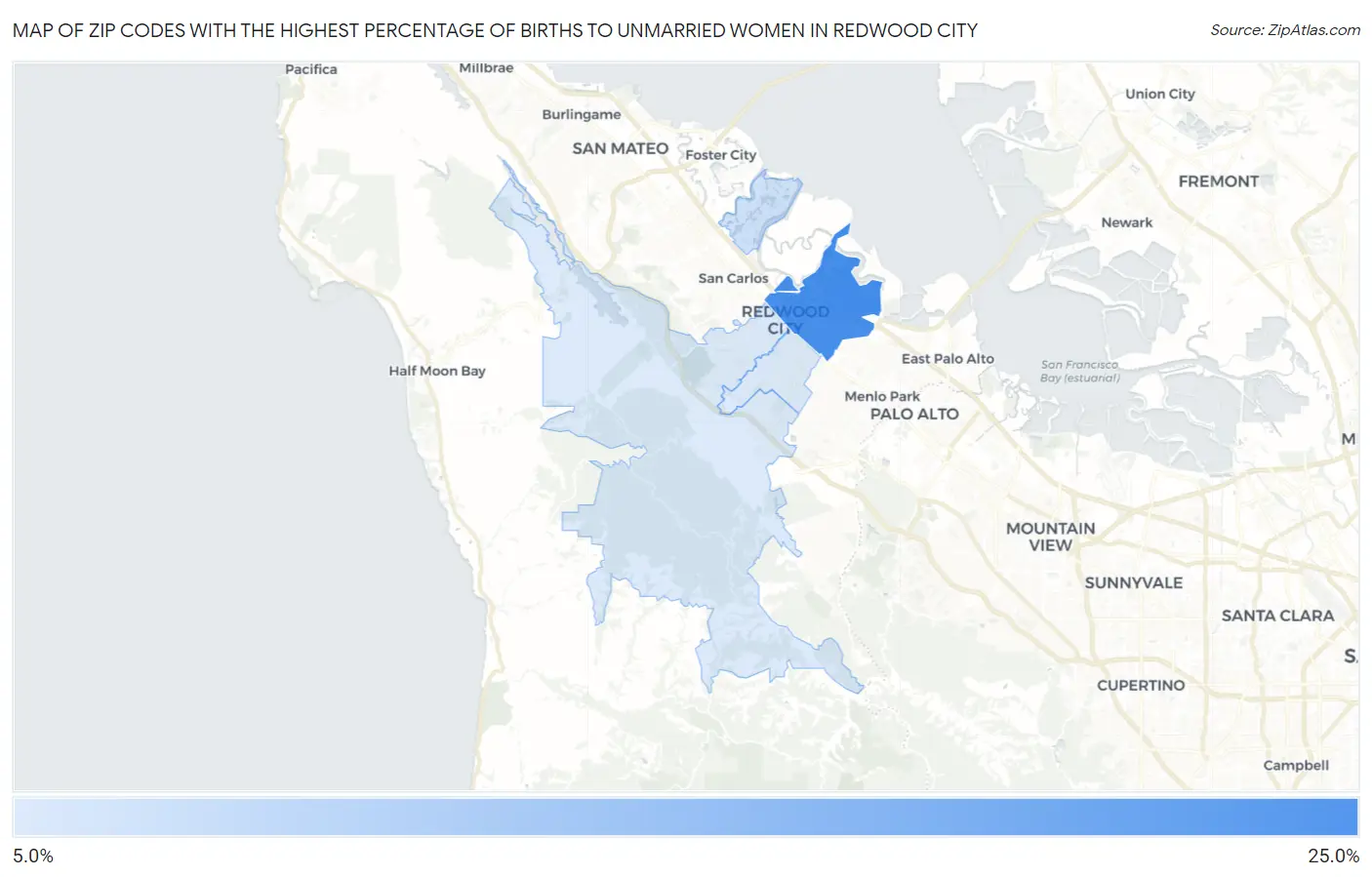 Zip Codes with the Highest Percentage of Births to Unmarried Women in Redwood City Map