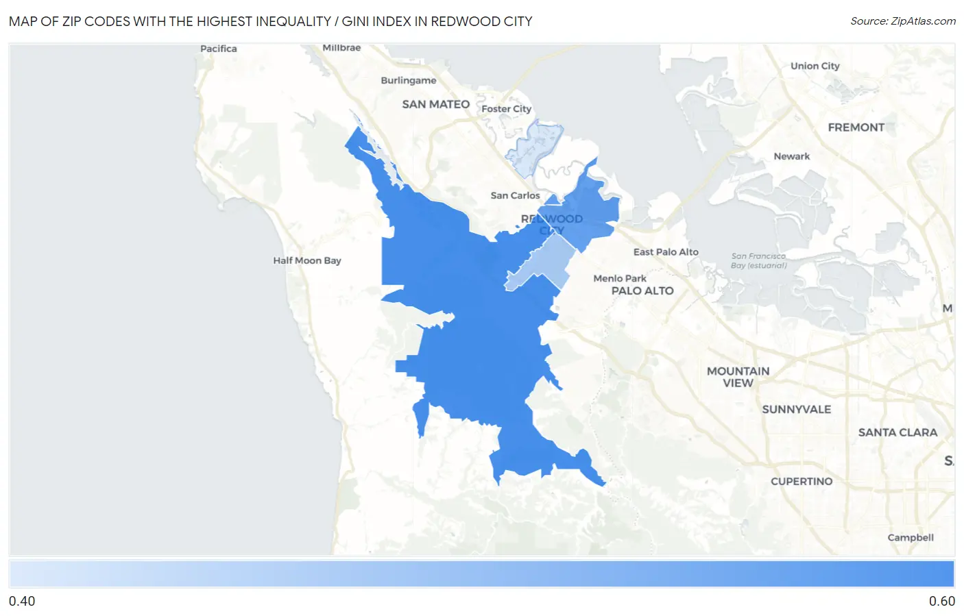 Zip Codes with the Highest Inequality / Gini Index in Redwood City Map
