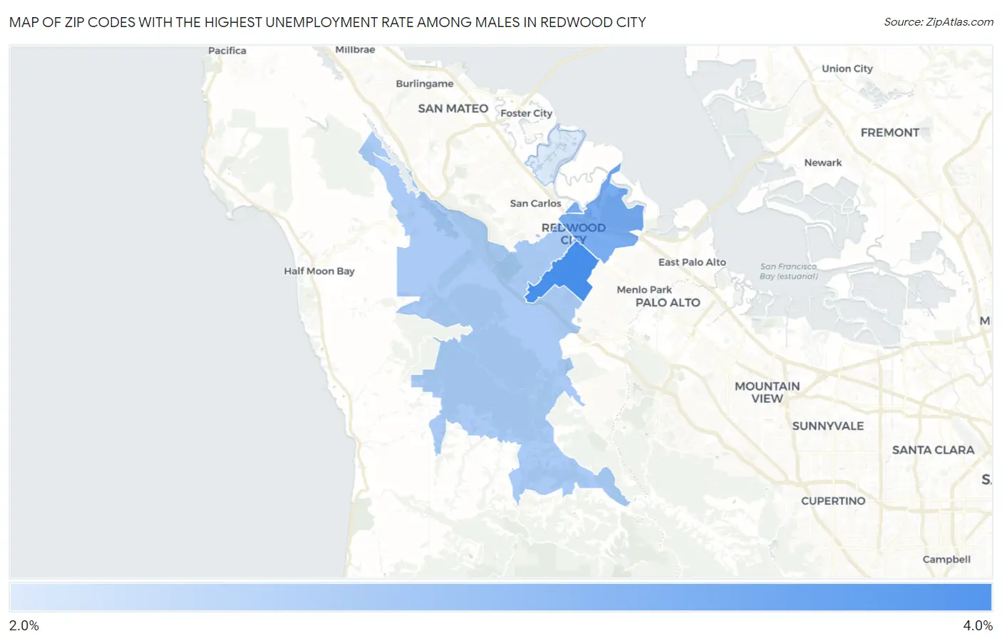Zip Codes with the Highest Unemployment Rate Among Males in Redwood City Map