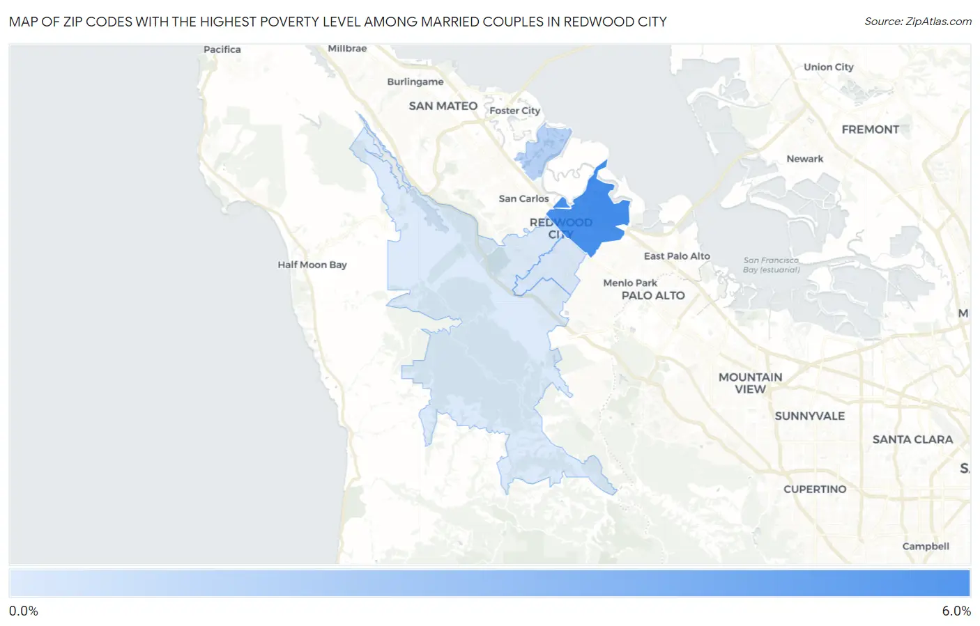 Zip Codes with the Highest Poverty Level Among Married Couples in Redwood City Map