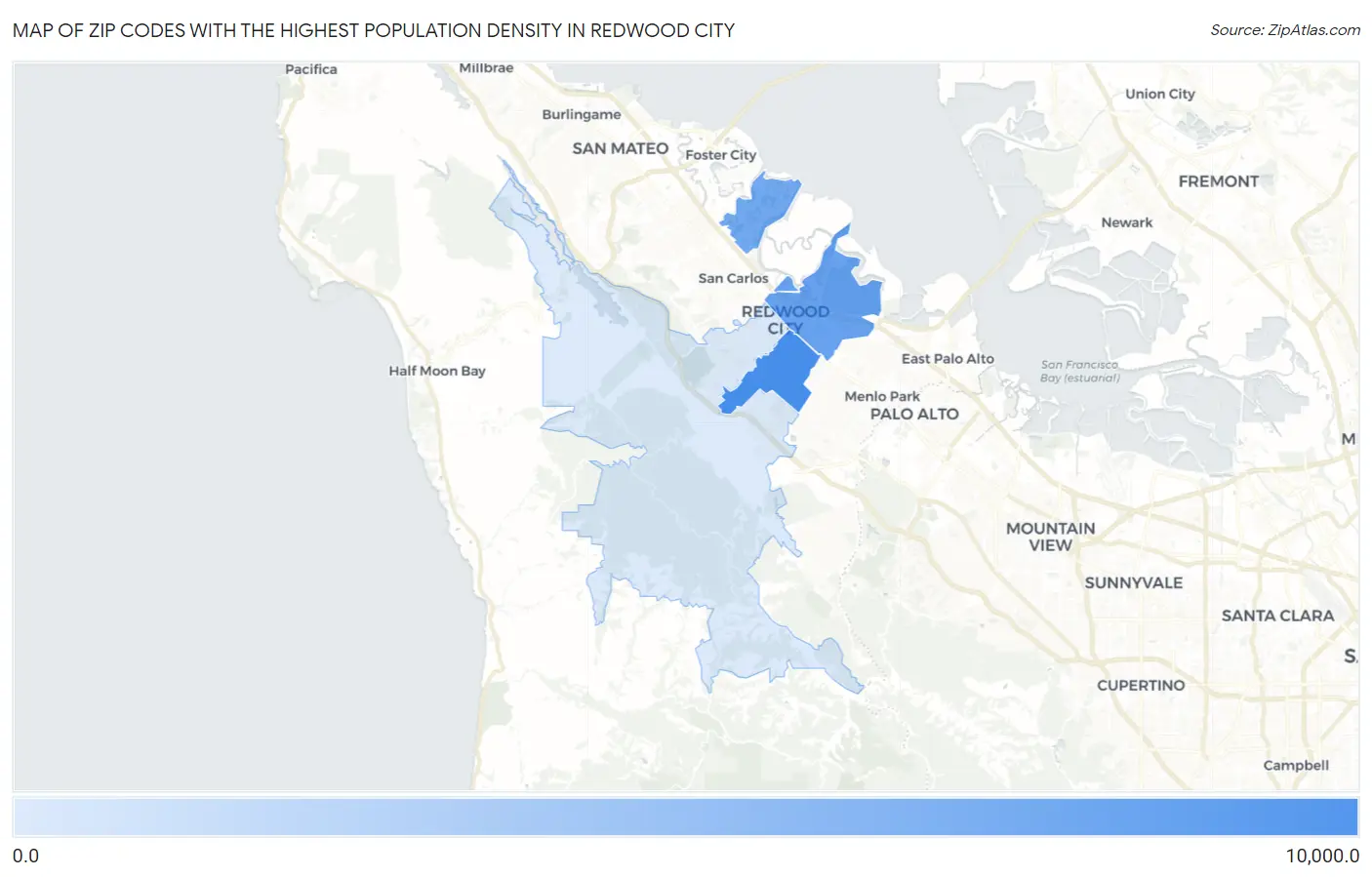 Zip Codes with the Highest Population Density in Redwood City Map
