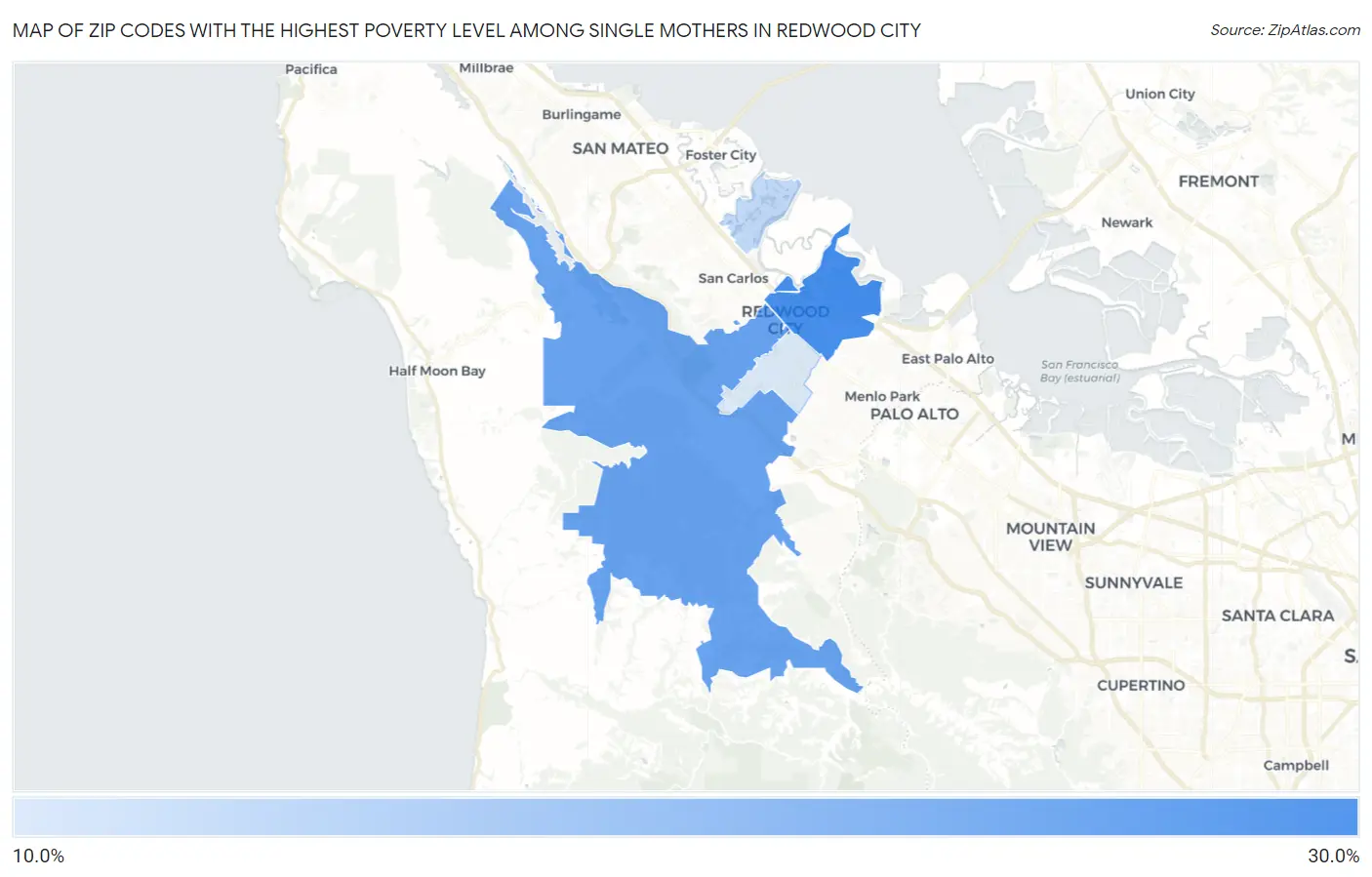 Zip Codes with the Highest Poverty Level Among Single Mothers in Redwood City Map