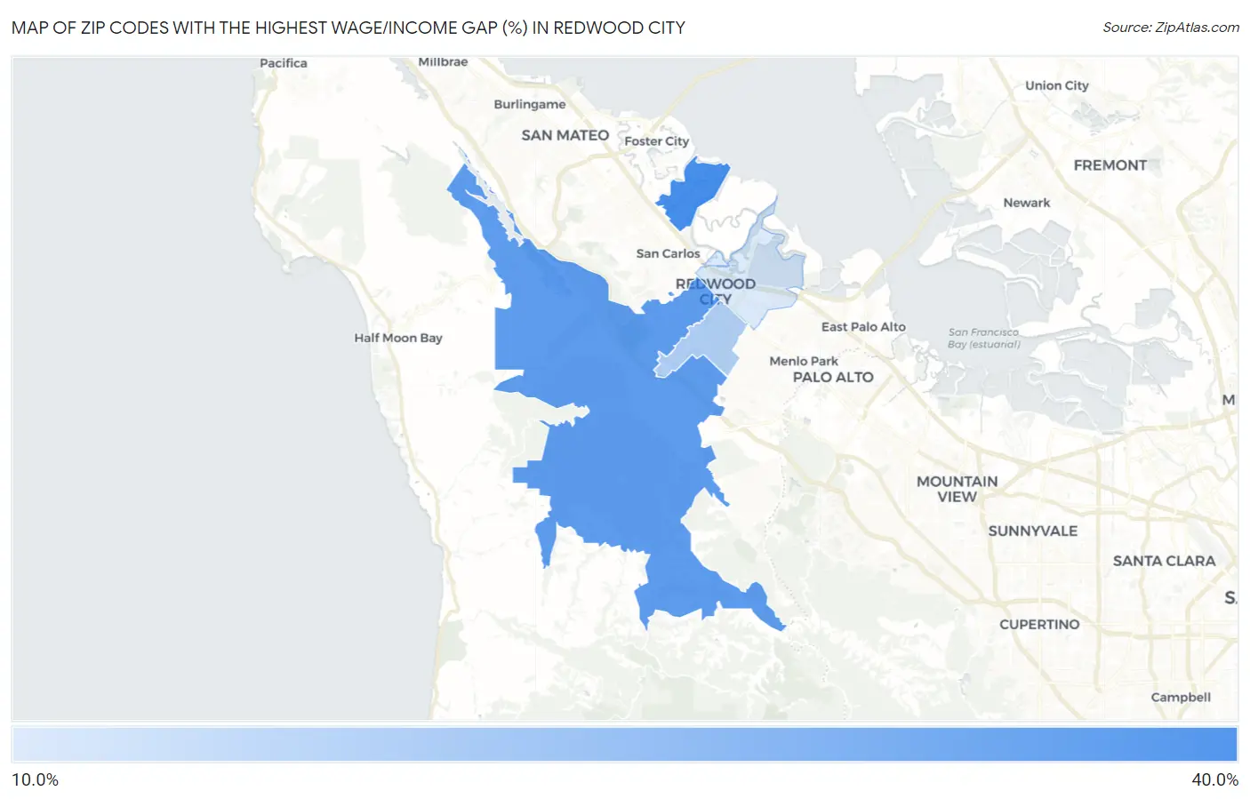 Zip Codes with the Highest Wage/Income Gap (%) in Redwood City Map