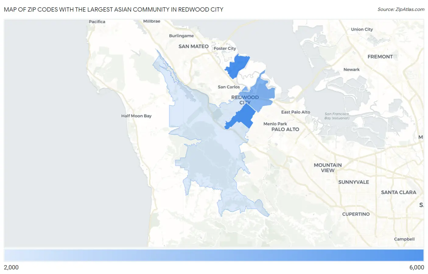 Zip Codes with the Largest Asian Community in Redwood City Map