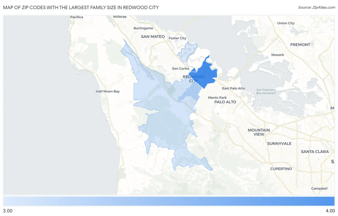 Zip Codes with the Largest Family Size in Redwood City Map