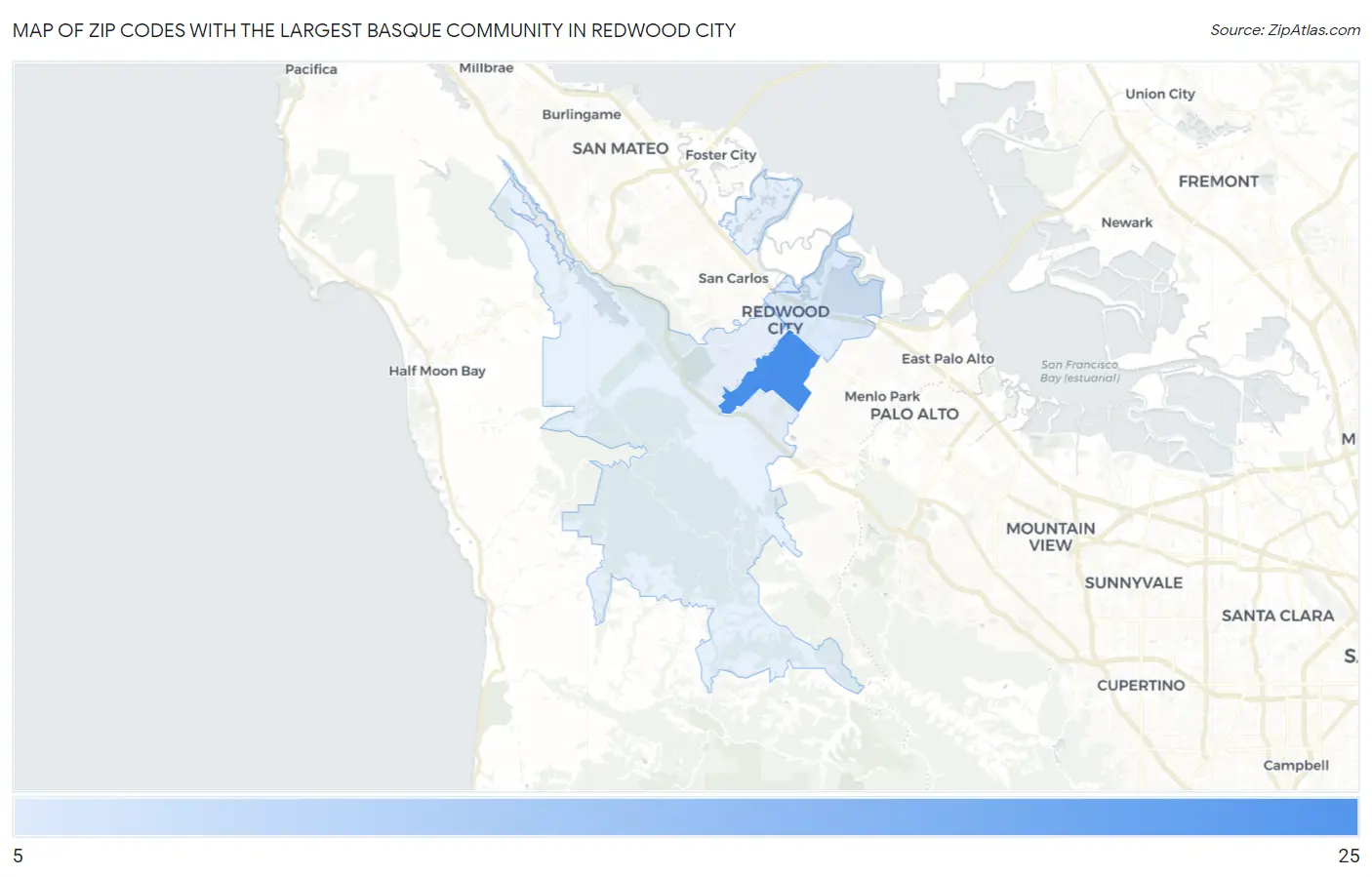 Zip Codes with the Largest Basque Community in Redwood City Map