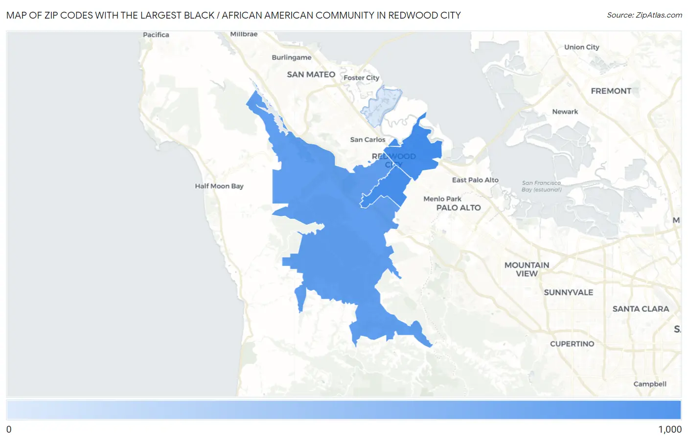Zip Codes with the Largest Black / African American Community in Redwood City Map