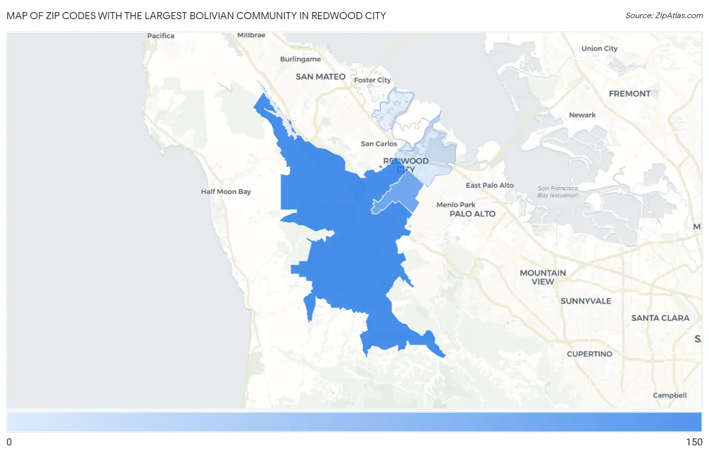 Zip Codes with the Largest Bolivian Community in Redwood City Map