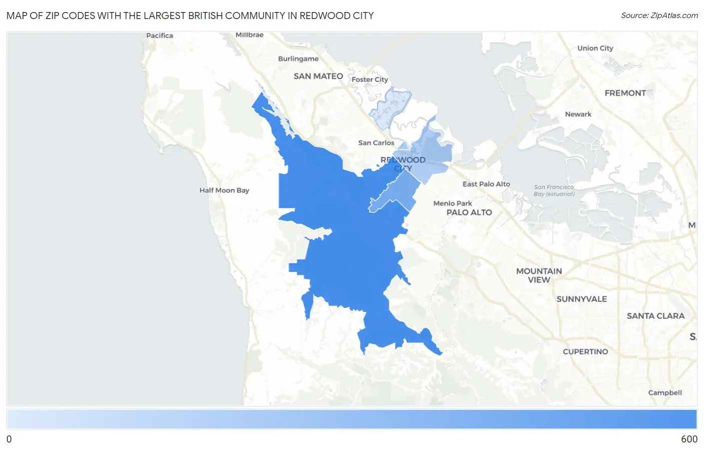 Zip Codes with the Largest British Community in Redwood City Map