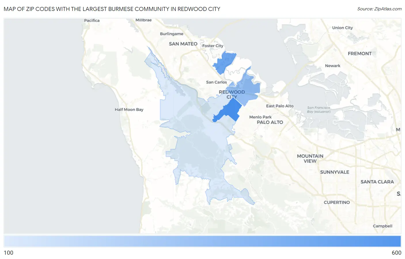 Zip Codes with the Largest Burmese Community in Redwood City Map