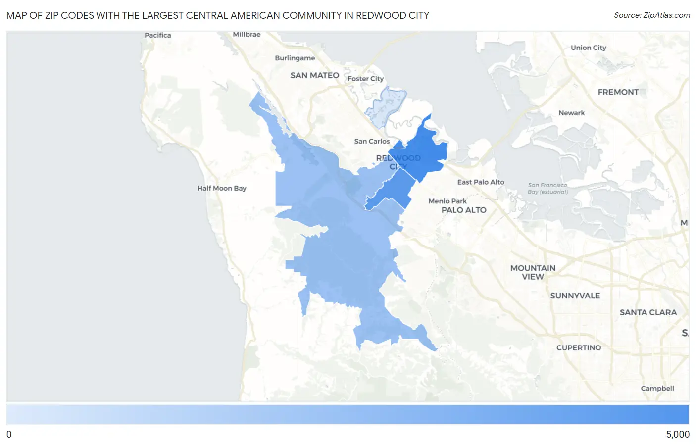 Zip Codes with the Largest Central American Community in Redwood City Map